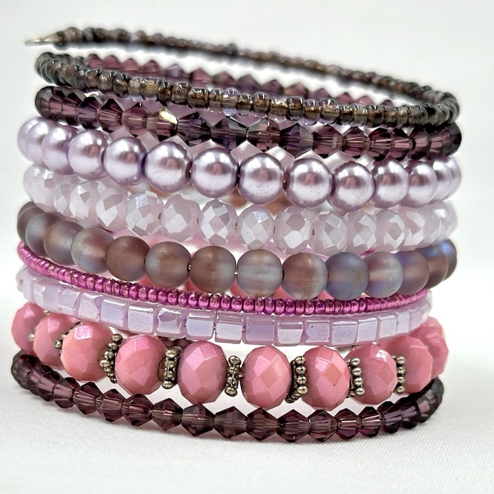 Crystal beaded wrap bracelet, memory wire coil bracelet, layered cuff bracelet